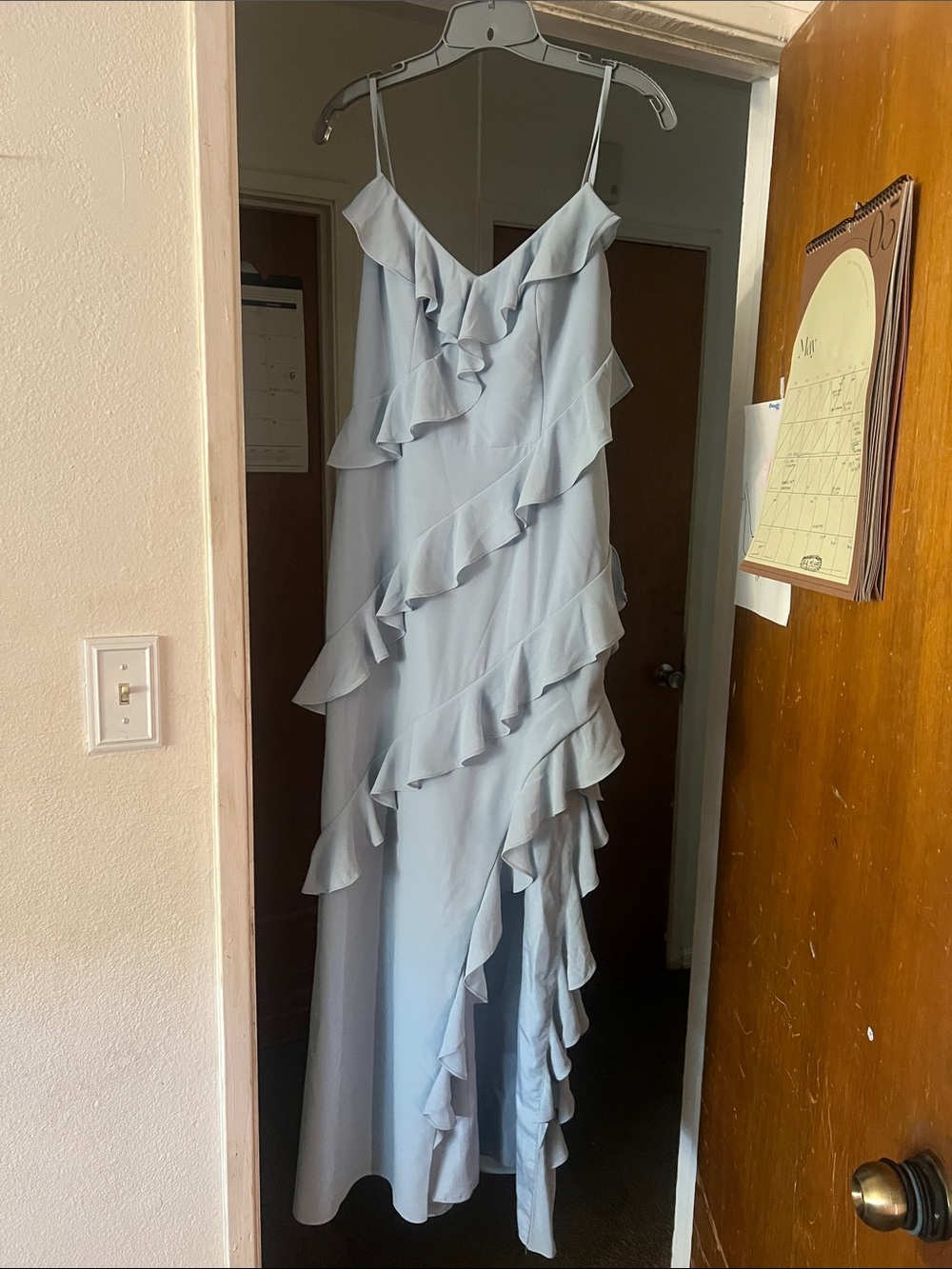 David's Bridal Light Blue Ruffle Spaghetti-Strap Maxi Dress